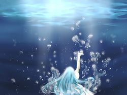 Rating: s Tags: Dress, Blue, White Dress, Water, Blue Hair, Bubble, Underwater, White Outfit, Floating, Arms Up, Sink