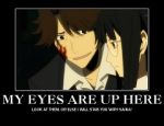 Rating: s Tags: Female, Male, Glasses, Black Hair, Brown Hair, Short Hair, Durarara!!, Sonohara Anri, Duo, Text, Demotivational Poster, Low Quality, Nasujima Takashi