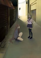 Rating: s Tags: Female, Long Hair, Blue Eyes, Uniform, Pink Hair, Vocaloid, Blonde Hair, Megurine Luka, Two Girls, Street, Pixiv, Thigh Highs, Duo, School Uniform, Lily (Vocaloid), Stop Sign, Sama