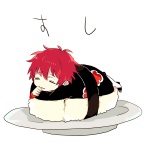 Rating: s Tags: Male, Akatsuki, Short Hair, Food, Red Hair, NARUTO, Eyes Closed, White Background, Sasori, Pixiv, Solo, Plate, Simple Background, Takakura Aki, 1:1 Ratio