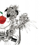 Rating: s Tags: Female, Monochrome, Black Hair, Short Hair, Eating, Food, Eyes Closed, Apple, Open Mouth, White Background, Original, Pixiv, Solo, Spot Color, Simple Background, Misaki (Chess08), Gear