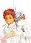 Rating: s Tags: Male, Fanart, Blue Hair, Short Hair, Uniform, Fist, Eyes Closed, Two Males, Dark Skin, Pixiv, Bro Fist, Duo, School Uniform, Text, Smile, Japanese Text, Fanart From Pixiv, Kuroko No Basket, Kuroko Tetsuya, Aomine Daiki, Kiseki No Sedai, Miku Ayase