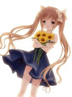 Rating: s Tags: Female, Twin Tails, Flower, Dress, Long Hair, Brown Hair, Happy, Sunflower, Blue Outfit, Open Mouth, Original, Solo, Blue Dress, Yellow Flower, Adorably Cute, Suzu (Artist)