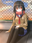 Rating: q Tags: Female, Ecchi, Sunset, Glasses, Long Hair, Black Hair, Clouds, Uniform, Blush, Pantyhose, Fence, Sky, Sitting, Outdoors, Original, Pixiv, Orange Eyes, Scarf, Solo, School Uniform, Smile, Bangs, Bent Knees, Looking At Camera, Black Legwear, Dotera, Black Pantyhose