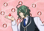 Rating: s Tags: Male, Red Eyes, Strawberry, Uniform, Green Hair, Blush, Food, School Uniform, Smile, Artist Request, Holding Food, One Eye Showing, Kamigami no Asobi, Hades Aidoneus