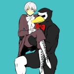 Rating: s Tags: Male, Bird, Purple Eyes, Short Hair, White Hair, Hug, Humor, Blue Background, Axis Powers: Hetalia, Bowl, Iceland, Puffin, Nordic Countries, Sabata Yuki, Simple Background, Mr. Puffin