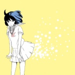 Rating: s Tags: Female, Blue Hair, Short Hair, Skirt, Shirt, Black Eyes, Original, Pixiv, Solo, Yellow Background, Simple Background, Artist Request