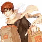 Rating: s Tags: Male, Fanart, Short Hair, Blush, Food, Red Hair, McDonald's Meal, Open Mouth, White Background, Scarf, Solo, Text, Simple Background, McDonald's, Eyebrows, Floating Scarf, Kuroko no Basket, Kagami Taiga, English Text, Pananada