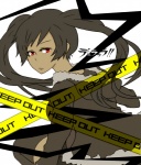 Rating: s Tags: Female, Fanart, Twin Tails, Long Hair, Red Eyes, Skirt, Wind, Coat, Black Outfit, Serious, Gender Bending, White Background, Pixiv, Solo, Fur, Text, Crime Scene Tape, Fur Coat, Looking Back, Bangs, Simple Background, Japanese Text, Kanra, Exclamation Point, Text: Series Name, Fanart From Pixiv, Looking At Camera, Black Legwear, English Text, Hoddie, Pixiv Id 1116785