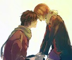 Rating: s Tags: Female, Couple, Male, Fanart, Gin Tama, Brown Hair, Short Hair, Holding Hands, Pixiv, Duo, Tatsuma Sakamoto, Smile, Side View, Nuriko-kun, Forehead Against Forehead, Mutsu (Gin Tama), Fanart From Pixiv, Head To Head, Kaientai