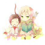 Rating: s Tags: Male, Fanart, Arrow, Brown Hair, Green Eyes, Short Hair, Animal, Food, Rabbit, Sleeping, Bow (weapon), Child, Blonde Hair, Eyes Closed, Sitting, Egg, Two Males, Book, Weapons, Chibi, Open Mouth, Axis Powers: Hetalia, United Kingdom, Spain, Archery, Tomato, Studio Deen, Duo, Shivue, Allied Forces, Mediterranean Countries, Open Book