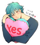 Rating: s Tags: Male, Fanart, Blue Hair, Short Hair, Blush, Pillow, Gold Eyes, White Background, Pixiv, Solo, Text, Simple Background, Hugging Pillow, PNG Conversion, Fanart From Pixiv, Looking At Camera, Light Background, DRAMAtical Murder, Seragaki Aoba, Hugging Object, Pixiv Id 753317
