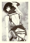 Rating: s Tags: Female, Fanart, Monochrome, Black Hair, Weapons, Black Eyes, Pixiv, Scarf, Solo, Frame, Simple Background, Looking To Side, Fanart From Pixiv, Shingeki no Kyojin, Mikasa Ackerman, Pixiv Id 3337391