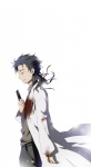 Rating: s Tags: Male, Fanart, Blood, Black Hair, Short Hair, Ribbon, Nitro+, Ponytail, Belt, Eyes Closed, Coat, Phone, Pants, White Background, Pixiv, Steins;Gate, Alternate Outfit, Solo, Alternate Age, Alternate Hairstyle, Lab Coat, Okabe Rintarou, Side View, Simple Background, Long Sleeves, Fanart From Pixiv, Soukuu Kizuna