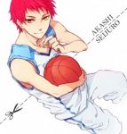 Rating: s Tags: Male, Fanart, Short Hair, Uniform, Red Hair, Heterochromia, White Background, Shogi, Basketball, Pixiv, Solo, Text, Simple Background, Ball, Sport Uniform, Text: Character Name, Fanart From Pixiv, Kuroko No Basket, Pixiv Id 1952283, Akashi Seijuurou, Basketball Uniform, Basketball Ball, Rakuzan High
