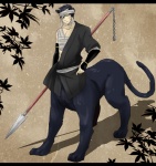 Rating: s Tags: Male, Black Hair, Short Hair, Angry, Leaves, Weapons, Gold Eyes, Bandages, Serious, Kemonomimi, Pixiv, Spear, Solo, Standing, Japanese Text, Looking At Camera, Pixiv Id 59306